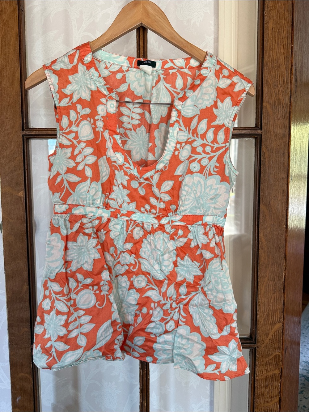 J. Crew Coral and Light Blue Floral Sleeveless V-Neck Tunic